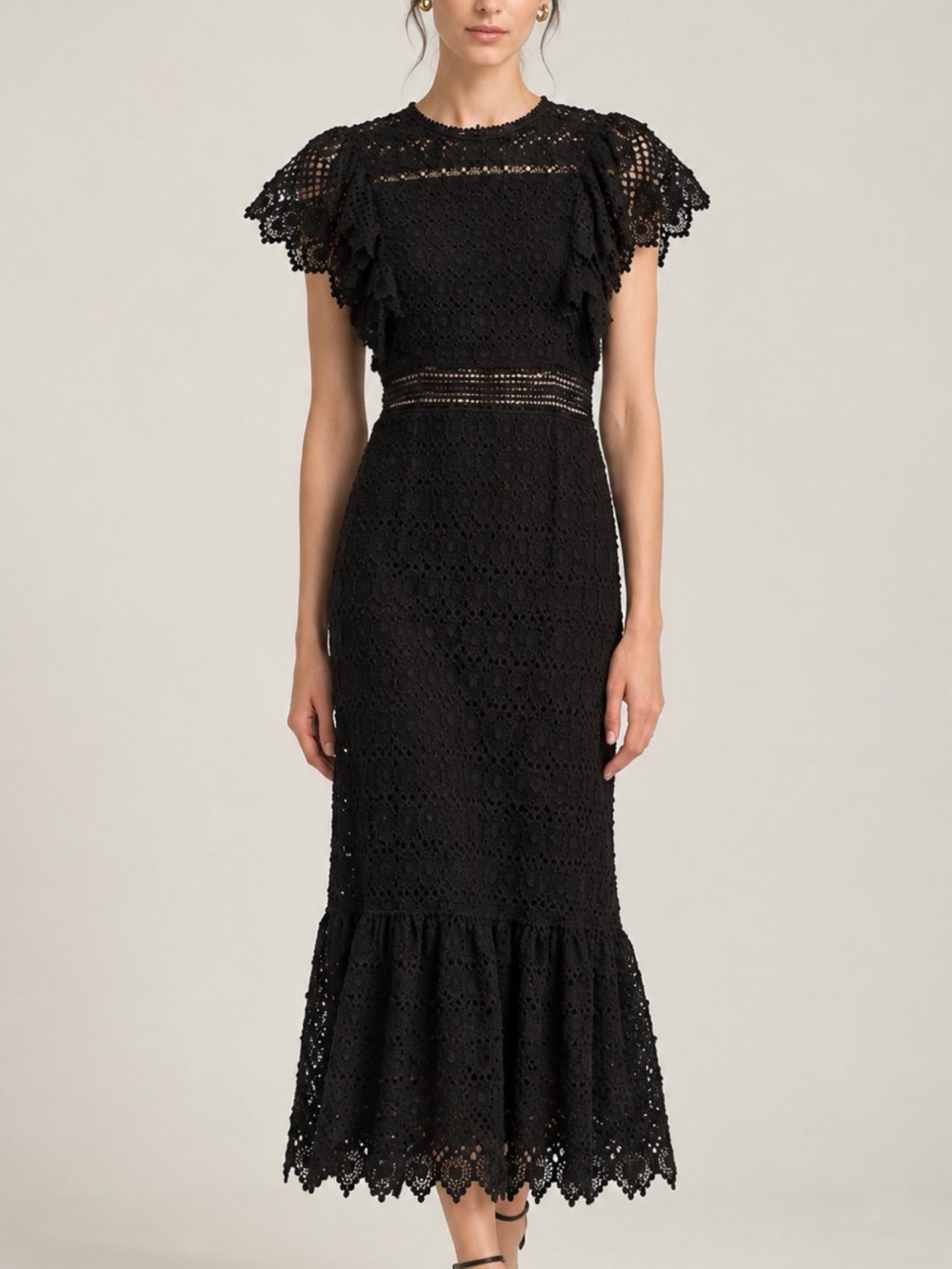 Philosophy di Lorenzo Serafini Black Lace Midi Dress with Ruffle Hem IT38 US2
